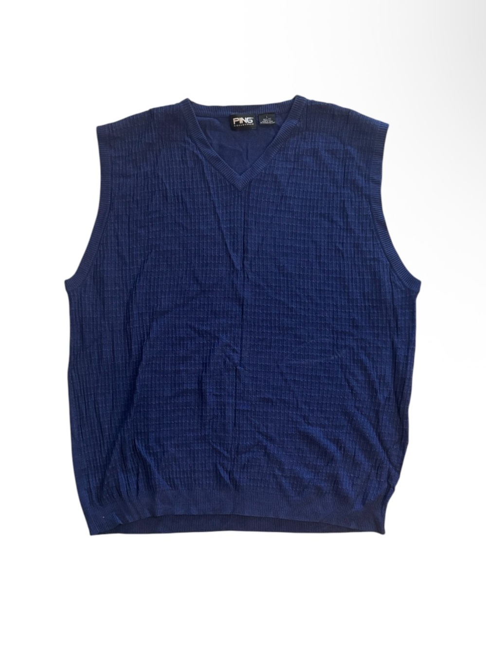 PING Collection Navy Blue 100% Silk Knit Crew Sweater Vest V Neck Golf Size L